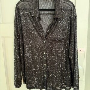 Sheer Black Sequin Blouse Long Sleeves